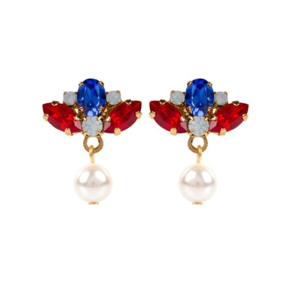 Red, white and blue crystals on gold plated brass with a pearl drop 