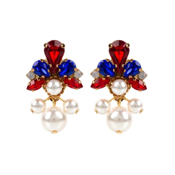 Teardrop shaped red and blue crystals with small clear crystals on top. 

A pearl connects the top section to three further pearls that sit below the ear. 