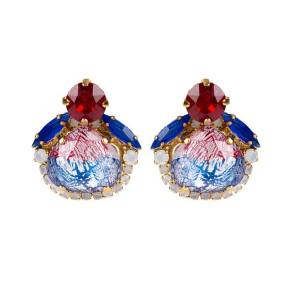 Red, white and blue stud earrings with a mixture of red and blue crystals at the top. 

Marbled glass of red, white and blue in the centre. Surrounded by small white crystals. 