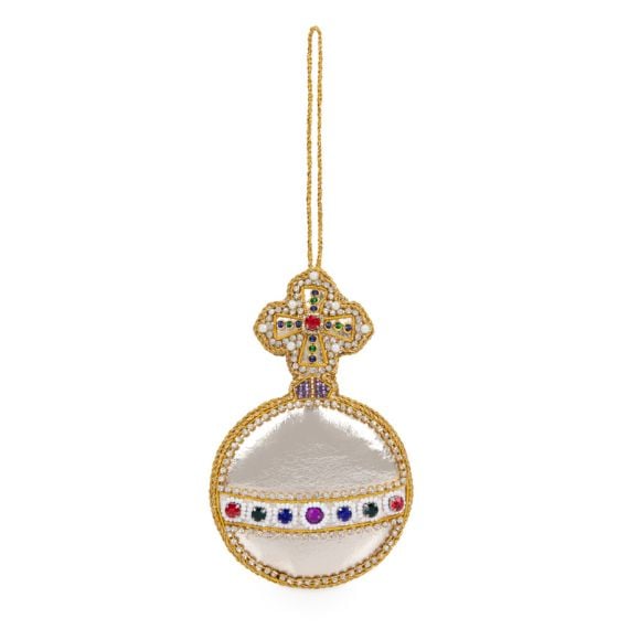 Front of golden orb Christmas decoration with cross and orb 