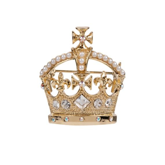 gold crown brooch with gem and pearl detailing 