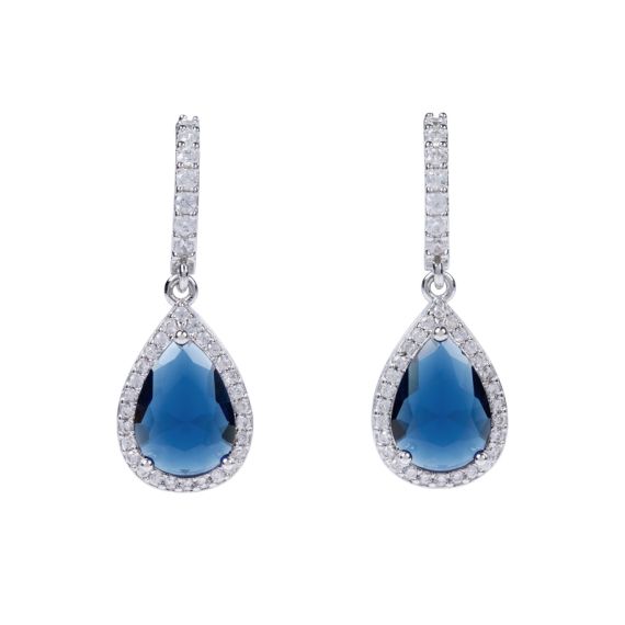 Sapphire teardrop earrings with crystal studding. 