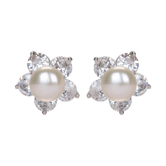 Pearl clip on earrings with crystal petals. 