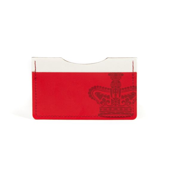 rectangle card holder with red and white detailing and crown on right hand side