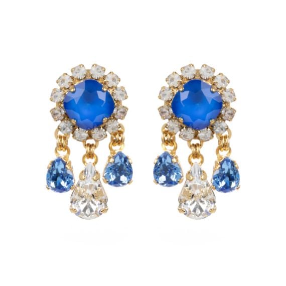 Blue and clear crystal drop earrings on gold fixings.