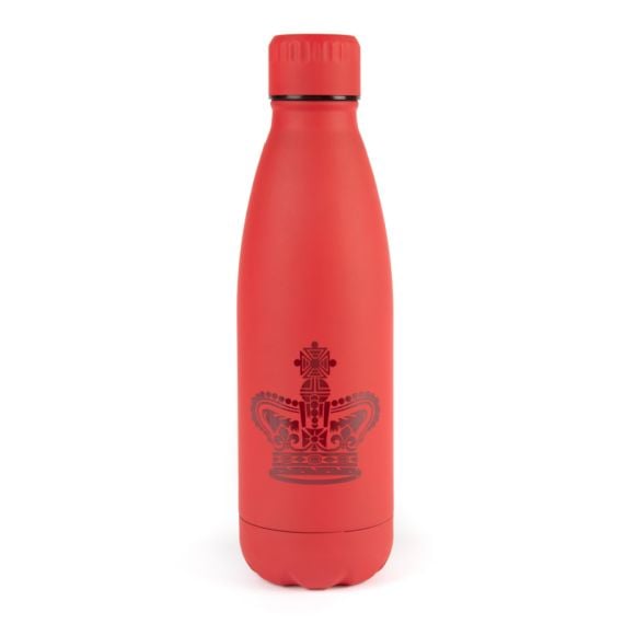 red bottle with lid and crown illustrated on front 