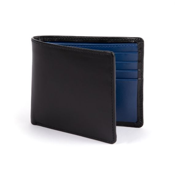 A black leather wallet with dark blue leather lining