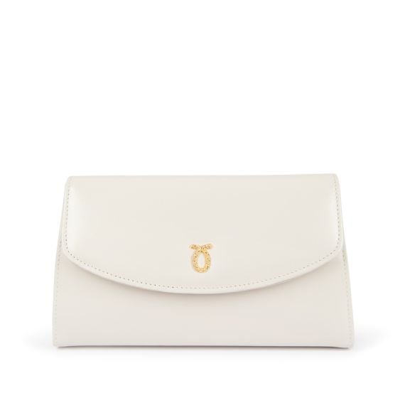 A white leather clutch bag with gold plated logo and fold over  