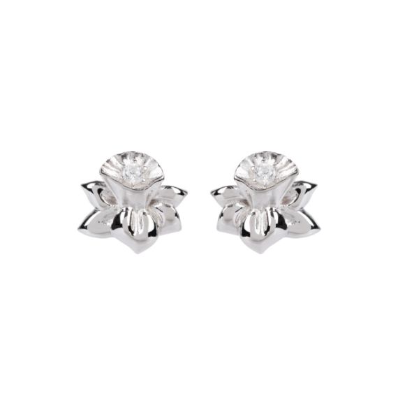 two silver stud earrings in the shape of daffodils