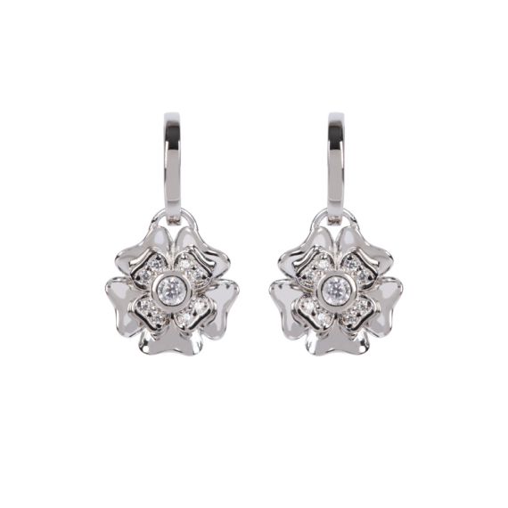 two silver drop earrings in a rose shape 