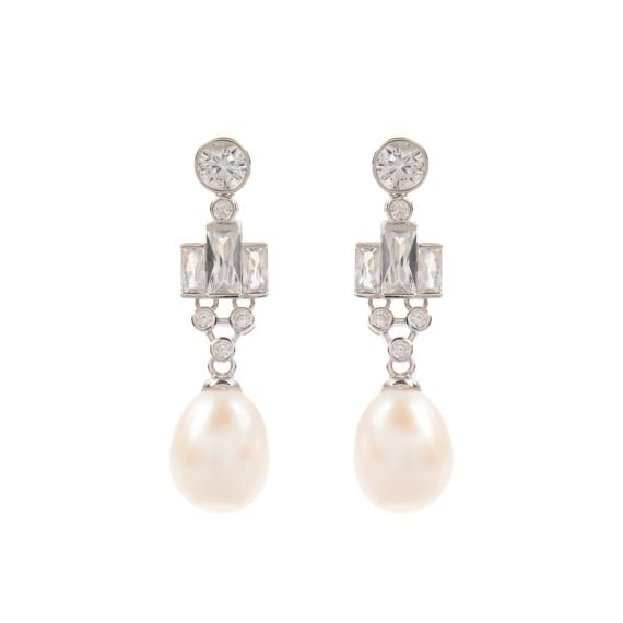 Crystal studded pearl drop earrings with a large white drop pearls below.