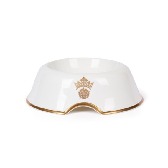 Front of pet bowl with gold edges and Windsor Castle crown motif at the front. 