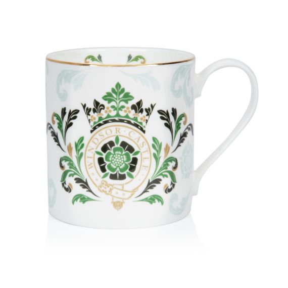 Our Windsor Castle Green Mug with green folaige and crown with a Tudor rose and  gold detailing.