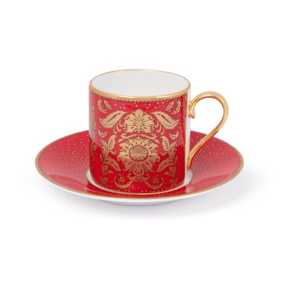 Red coffee cup and saucer with gold detailing