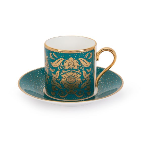 Acanthus Teal Coffee Cup and Saucer with gold detailing, handle and Acanthus motif. 