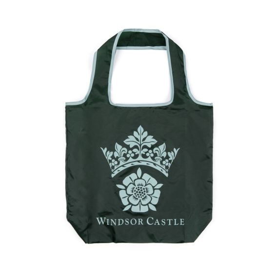 A green bag with handle and pale green trim with Windsor Castle crest and Windsor Castle below it