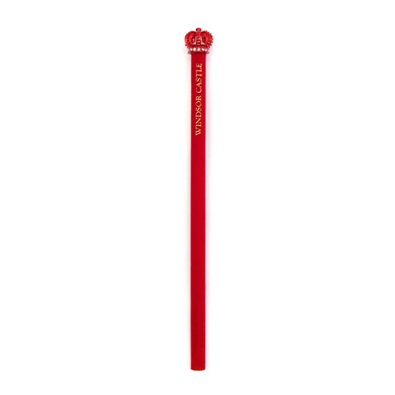 Red Windsor Castle pencil with a red gem studded crown  and gold text with Windsor Castle on the side. 