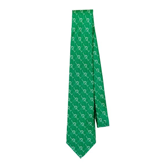 Green silk tie with recurring white horsehoe pattern from Rory Hutton. 