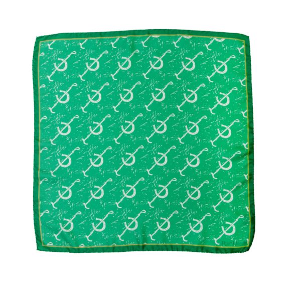 Rory Hutton green silk neckerchief with recurring horsehoe patern in white with dark green border. 