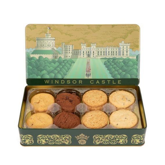 Biscuit tin featuring the facade of Windsor Castle and selection of biscuits. 