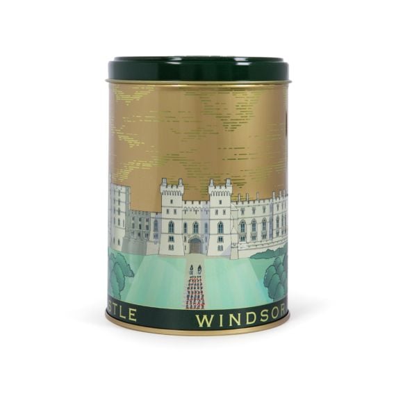 Facade tea caddy featuring the facade of Windsor Castle, with green lid and base. 