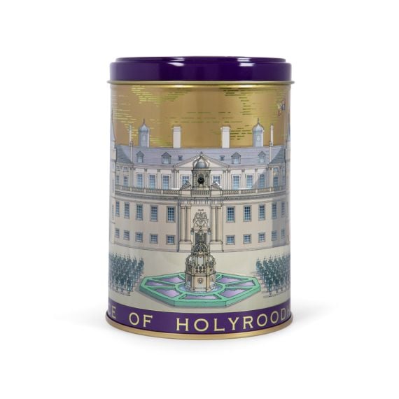 Tea Caddy with purple lid and base, featuring the front facade of the Palace of Holyroodhouse, with "Palace of Holyroodhouse " embossed. 