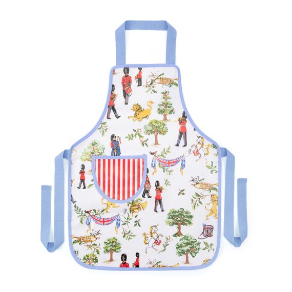 The Children's Royal Guard Apron, featuring the new designs with Royal Guards marching through the woods trumpeting and drumming, as well lions with the floral symbols of the four British nations and trees.  The front pocket features a white and red strip