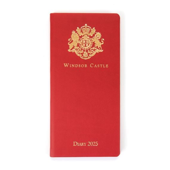 Red pocket diary with gold embossed crest and lettering, Windsor Castle alace Diary 2025.