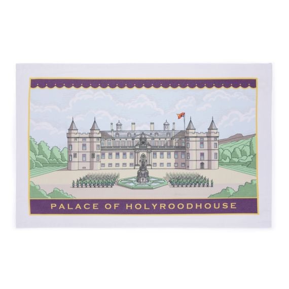 A purple tea towel with Palace of Holyroodhouse facade drawing and purple border with Palace of Holyroodhouse printed on the footer