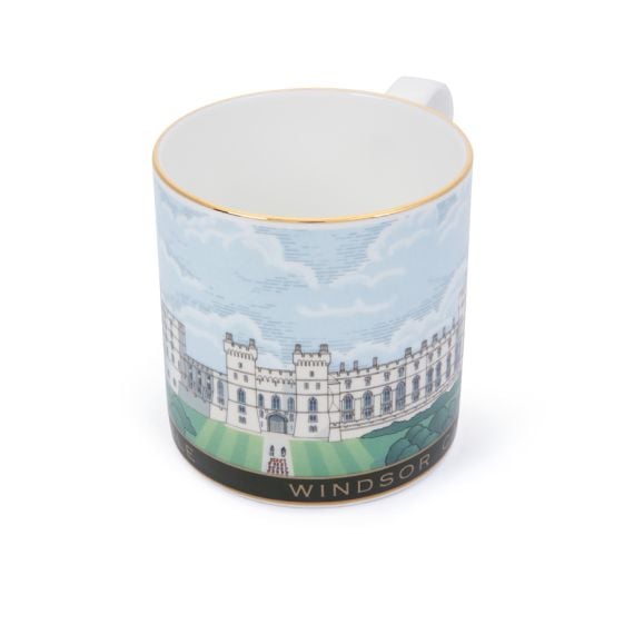 Detail of Windsor Castle Facade mug with Widnsor Facade and green band at bottom with "Windsor Castle" at base. 