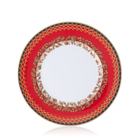 This Livery side plate features a deep, rich scarlet edge and navy border with contrasting fine gold details, inspired by the intricate decorative braiding of hand-sewn livery and regimental devices of ceremonial uniforms. The centre of the plate is white