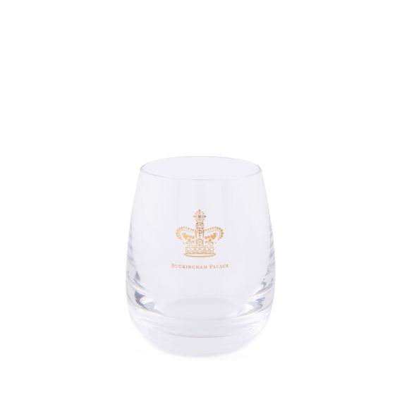 Glass with gold crown detailing and Buckingham Palace below it