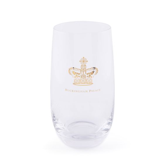 Highball glass with gold crown motif and Buckingham Palace below it