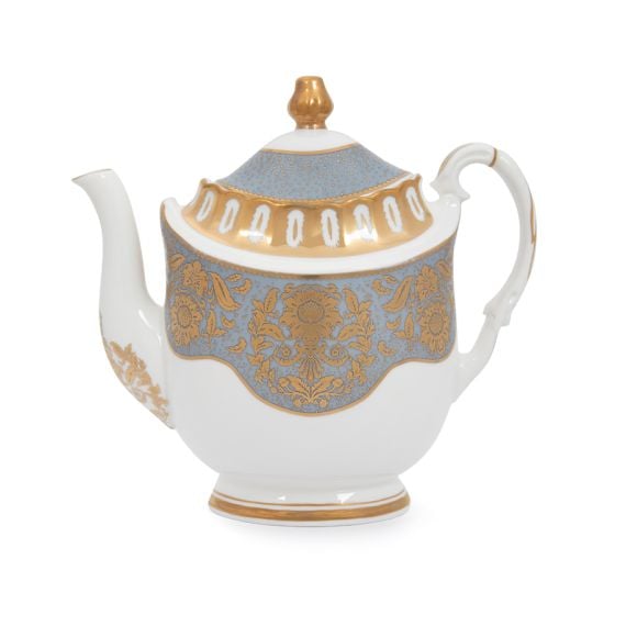 Acanthus Grey Coffee with ornate gold detailing and handle.  