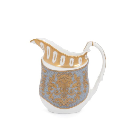 The Acanthus Grey Coffee Cream Jug with ornate gold detailing and handle. 