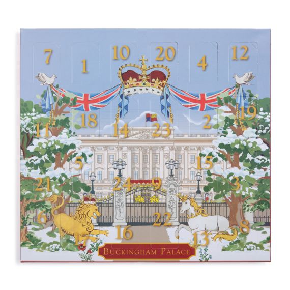 Front of our chocolate coin advent calendar with a snowy Buckingham Palace Facade featuring a lion and unicorn. 