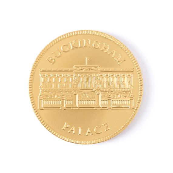 Gold chocolate coin with Buckingham Palace Facade. 