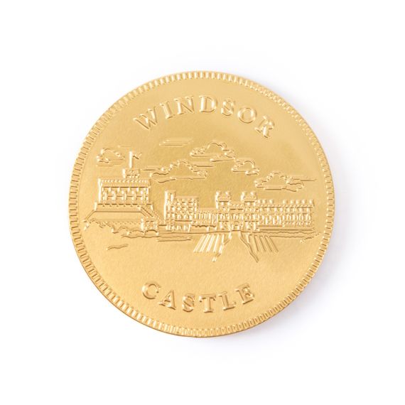 Gold Chocolate Coin with Windsor Castle Facade and Facade. 