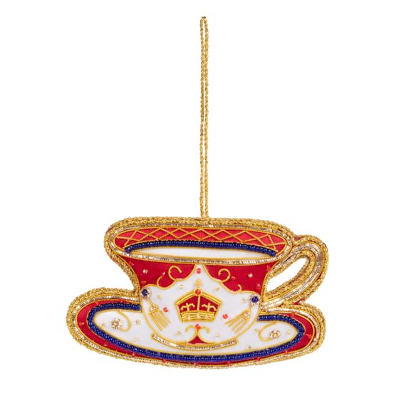 Front of Livery Christmas  Teacup and Saucer Decoration with crown at centre at red livery detail. 