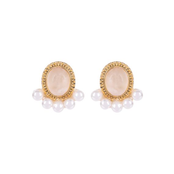 Gold earrings with pink stone rose quartz at centre studding with freshwater pearls below. 