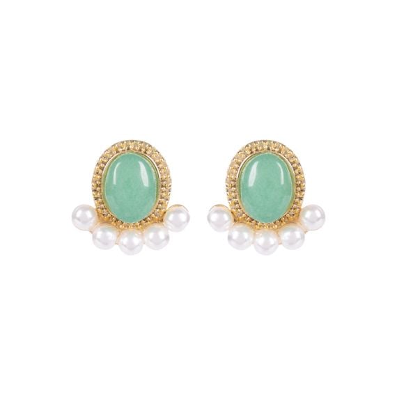 Gold earrings studded with large green gem and selection of pearls below. 