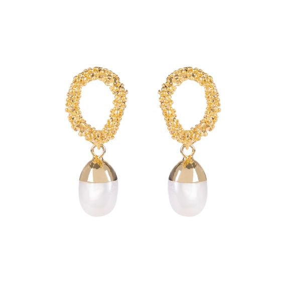 Drop earrings featuring a molten 20K gold plated brass, featuring a fresh water pearl.
