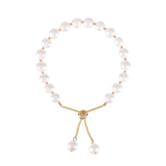 Bracelet with Pearls and gold chain, clasp features two drop pearls. 