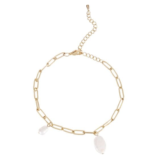 Gold chain bracelet with two pearl drops. 