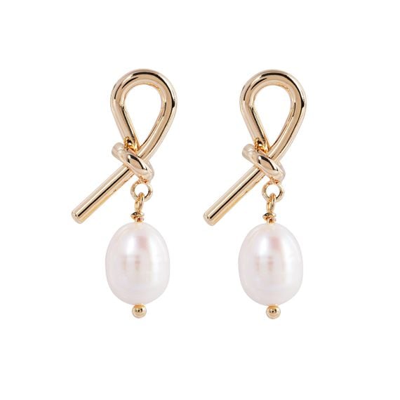 Two old brass shaped  earrings in a knot with a pearl drop. 