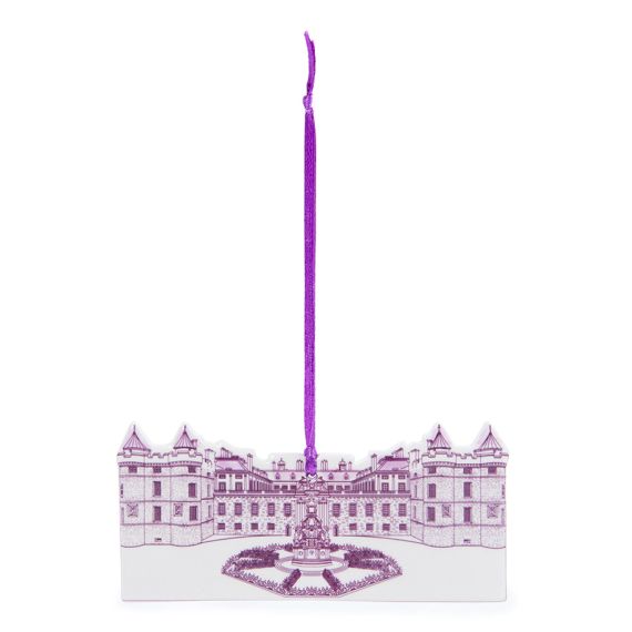 Front of the Palace of Holyroodhouse Clay Christmas Decoration with purple facade. 