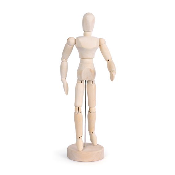 A standing wooden mannequin on pisitioned with a metal pole on a round wooden base. 