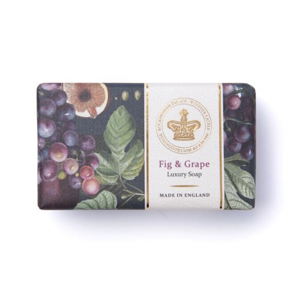 Purple patterned Fig & Grape Soap bar with golden crowen embossed on the label and "Made in England" printed below. 