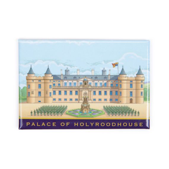 Facade of the Palace of Holyroodhouse magent featuring the royal standard and soldiers. 