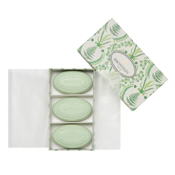 Bronnley Fern patterened packaging with three green bars of soap. 